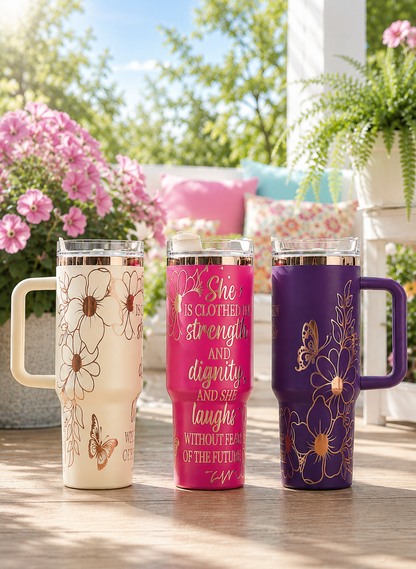Proverbs 31:25 Strength & Dignity Floral Christian Tumbler