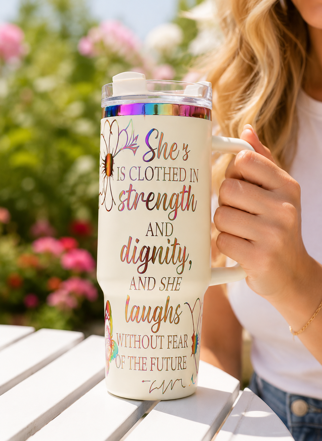 Proverbs 31:25 Strength & Dignity Floral Christian Tumbler