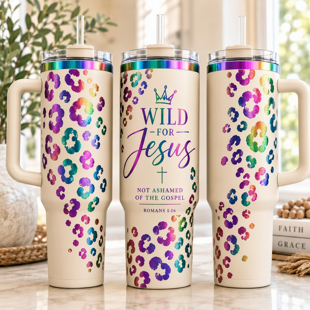 Wild for Jesus Christian Tumbler | Romans 1:16 Leopard Print