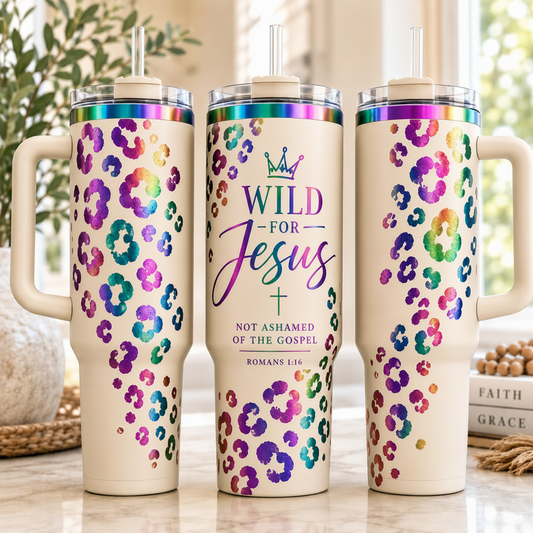 Wild for Jesus Christian Tumbler | Romans 1:16 Leopard Print