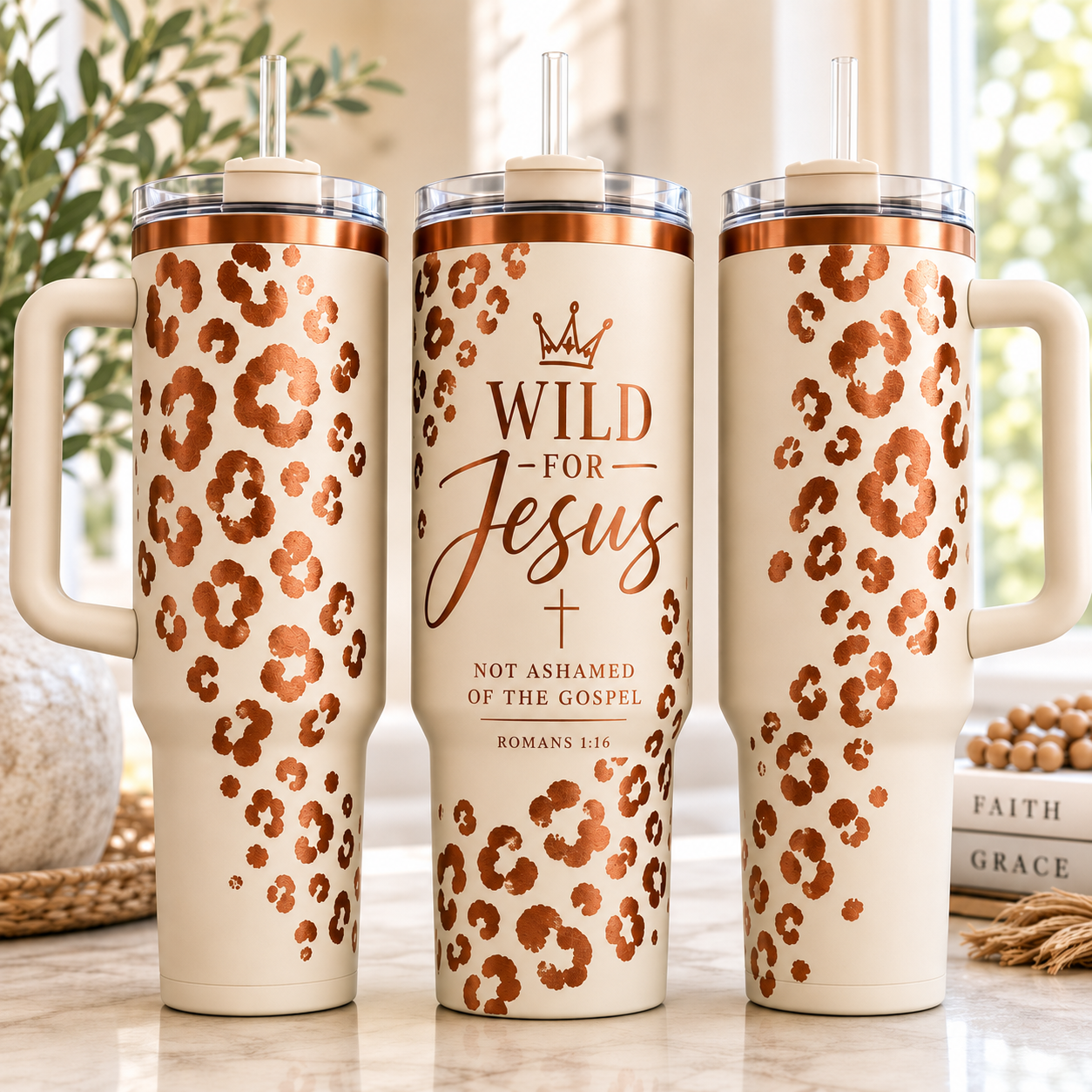 Wild for Jesus Christian Tumbler | Romans 1:16 Leopard Print