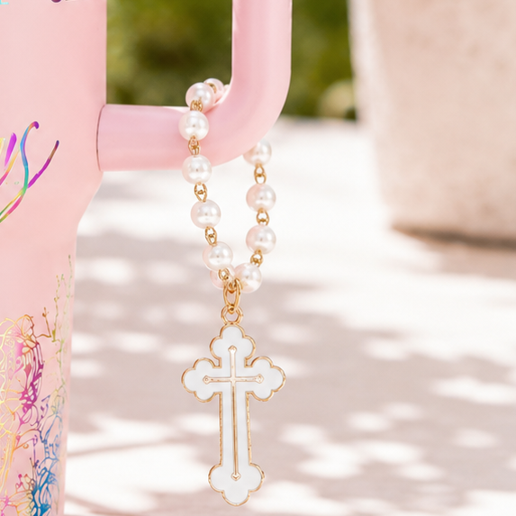 Pearl Cross Tumbler Charm – Elegant Faith-Inspired Accessory